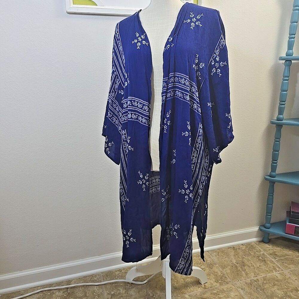Stoosh Long Open Duster Cover Up Tunic Cardigan 2X Blue w White Pattern Boho USA
